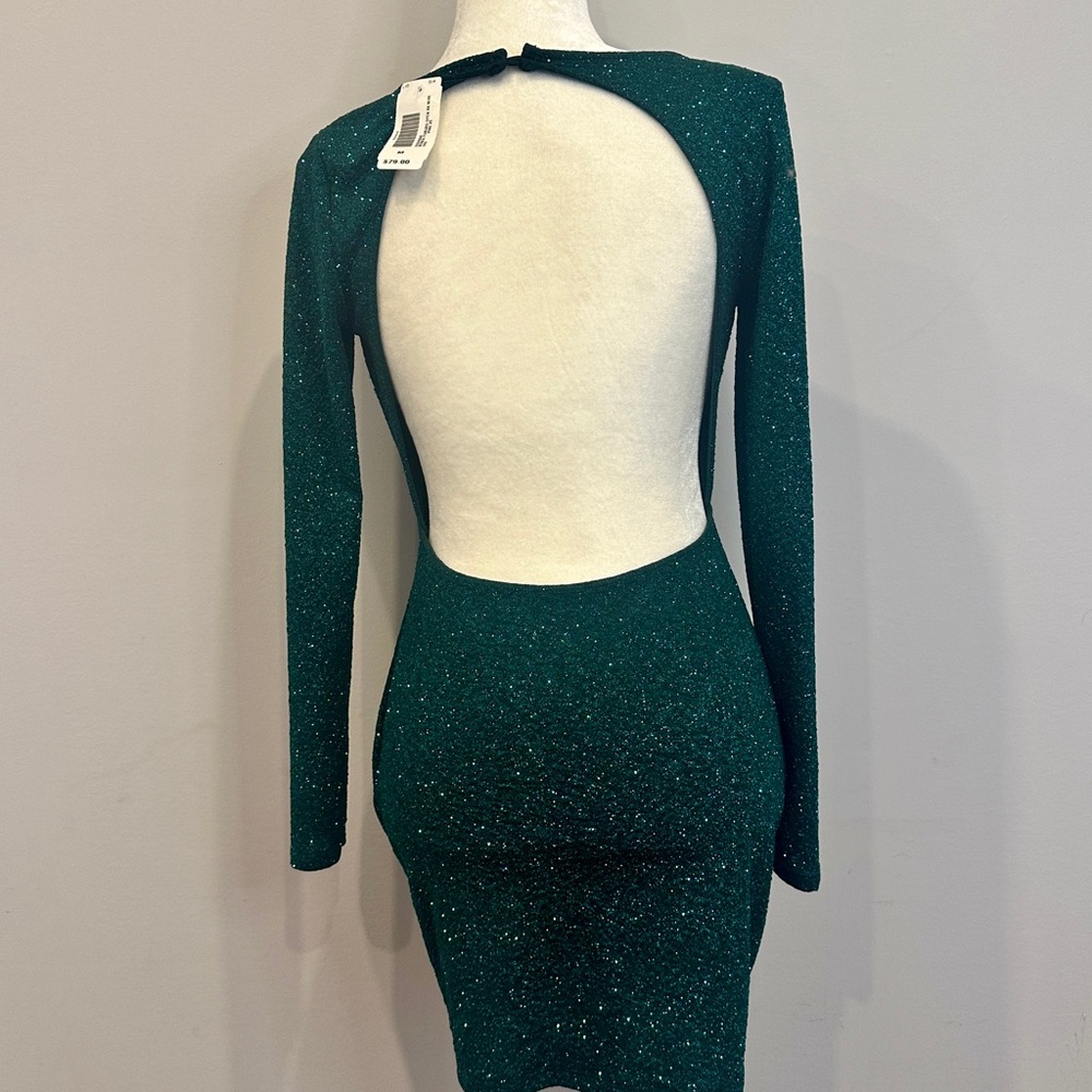 NWT open back emerald green glitter mini dress w/ sleeves